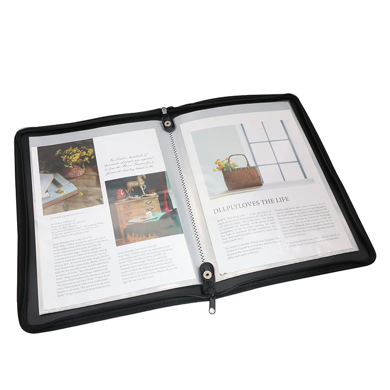 Wholesale A4 Display Book 30 Pockets Transparent Clear Sheet Protectors Presentation Book with Black Zipper and Business Card