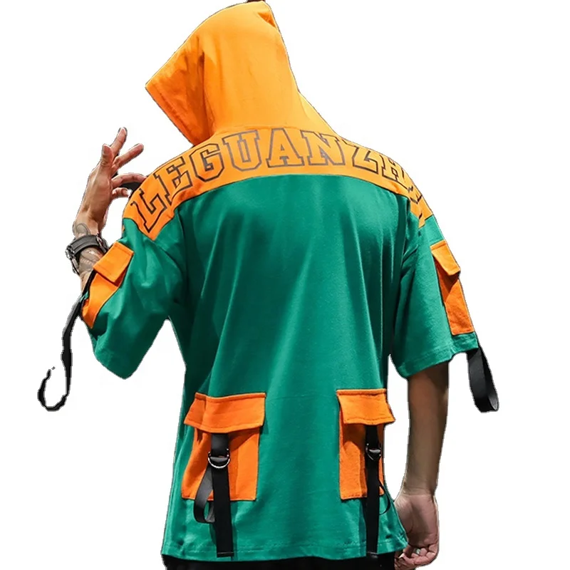 Hipster multi pockets swag short sleeve streetwear Men T shirt Fashion colorful splice hooded  Hip Hop Men Oversized Tees Tops