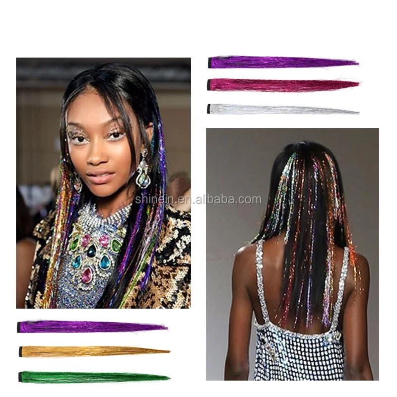Shinein 150 Strands Straight 37' Metallic Glitter Tinsel Hair Extensions Laser Hair Tinsel Strands for Women