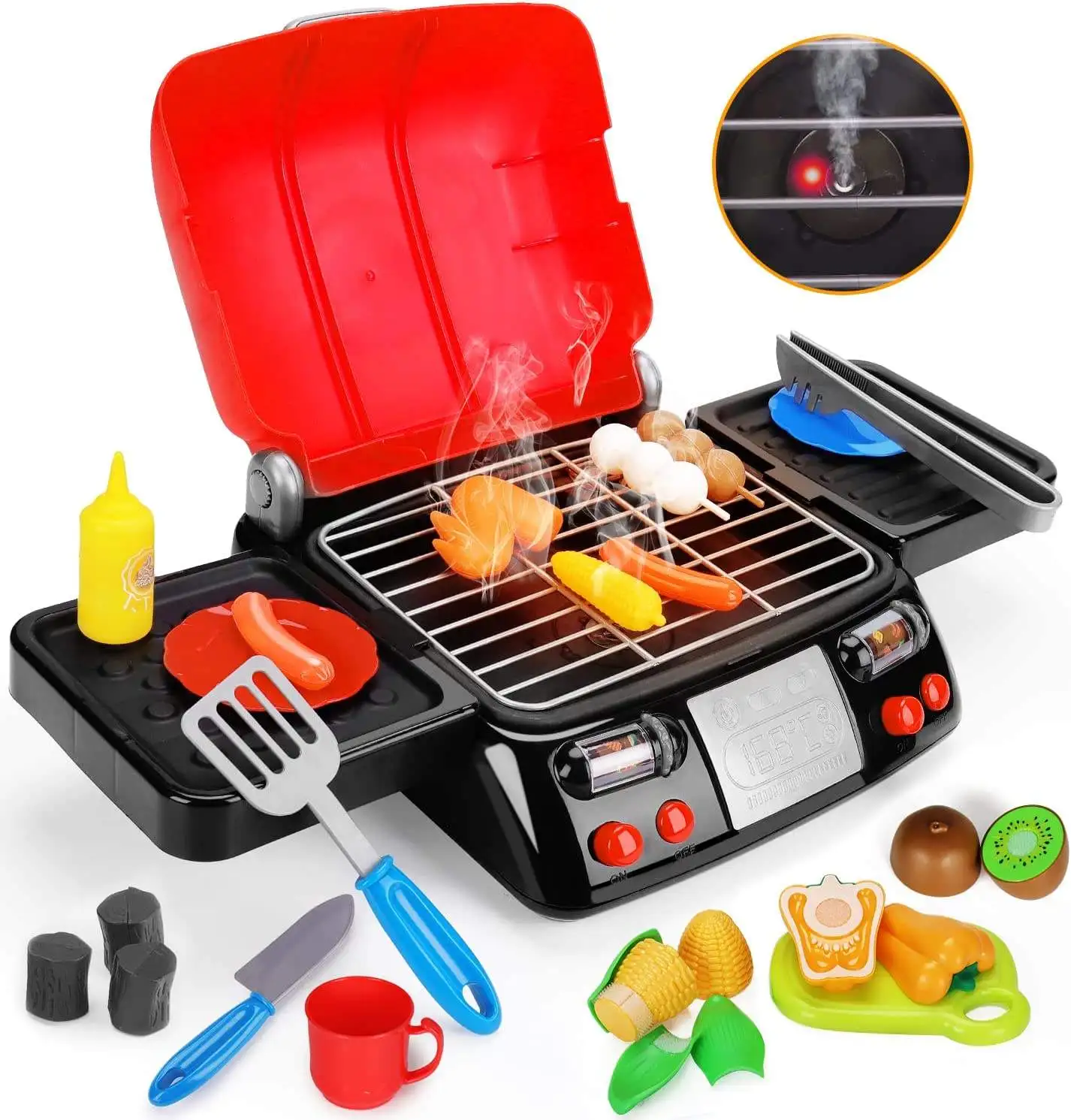 Kids Play Food Grill with Pretend Smoke Sound Light Kitchen Play set Pretend BBQ Fine Motor Skills Toy Cooking Outdoor Toys