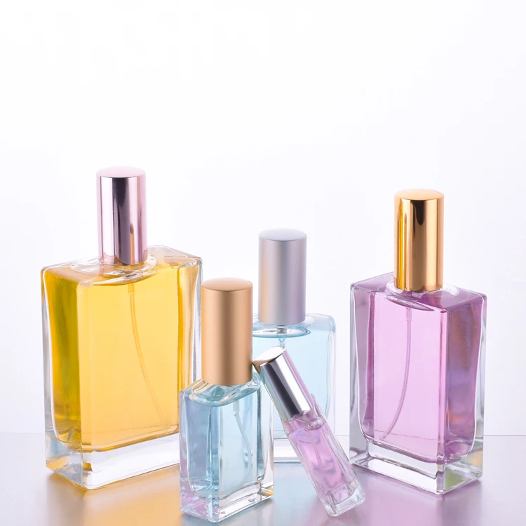 Wholesale Empty square 30ml 50ml 100ml Rectangle Screw Cap Perfume Bottles with Gold Silver Black Spray Cover