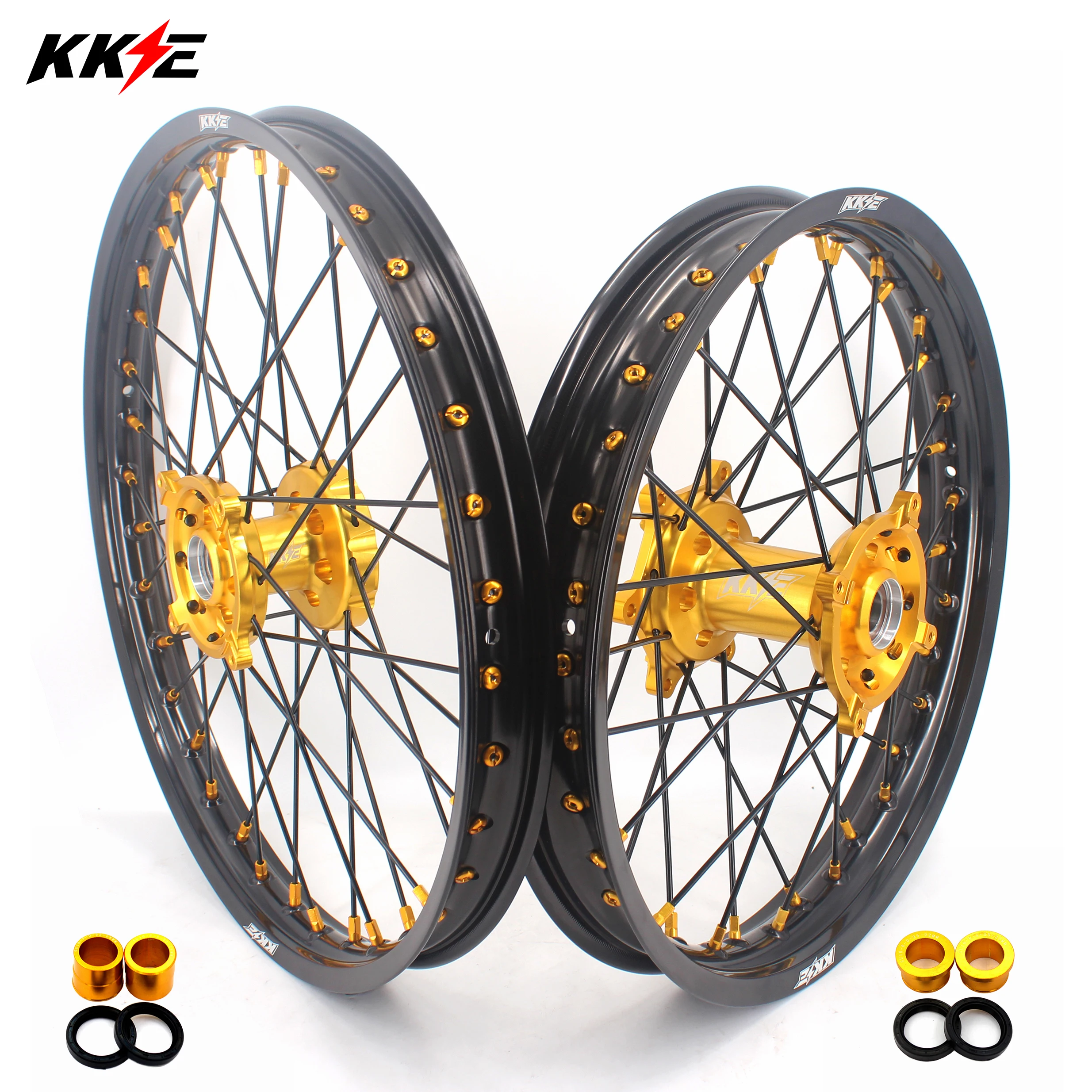 
KKE 21/19 CNC Anodized Dirt Bike Wheels Compatible with SUZUKI RMZ250 RMZ450 2005 2020 Gold Hub/Nipple Black Rim/Spoke 