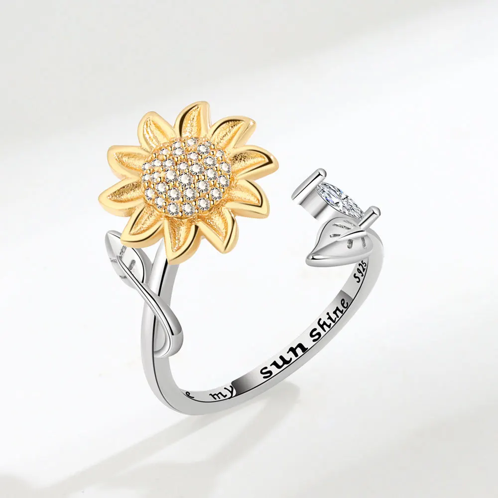 Yoga New Emo Rotate Freely Spinning Stainless Steel Anxiety Ring Fashion Sun Flower Ring For Girl Jewelry Gift