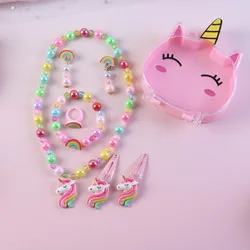 Cute Cartoon Girls Pearl Necklace Jewelry Unicorn Ring Kids Jewelry Box Set Wholesale