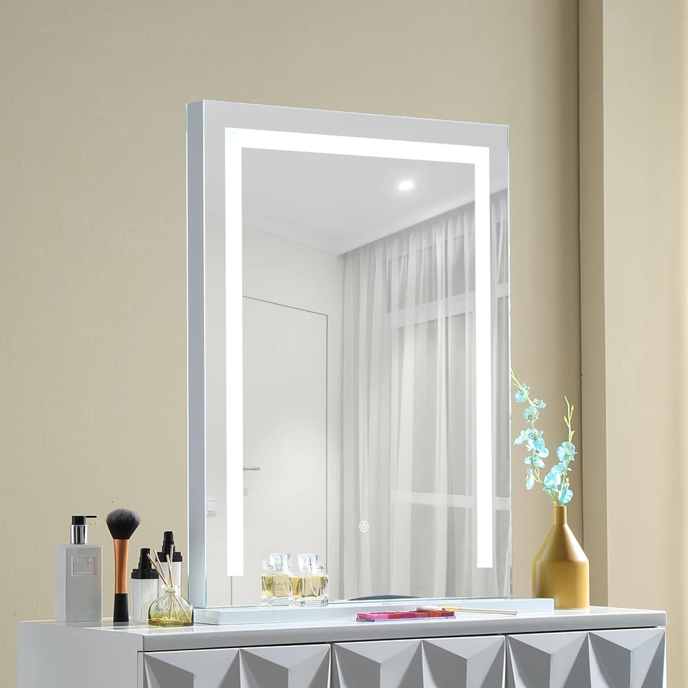 Custom Logo Beauty Stand Table Smart Touch Switch Make Up Metal Lighted Hollywood Cosmetic Vanity Makeup Mirror