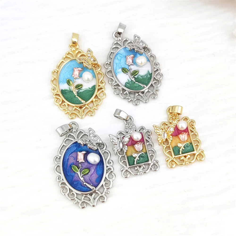Luxury Women Golden Square Drops Colorful Oil Painting Style Charm Rose Flower Butterfly Real Freshwater Pearl Jewelry Pendants