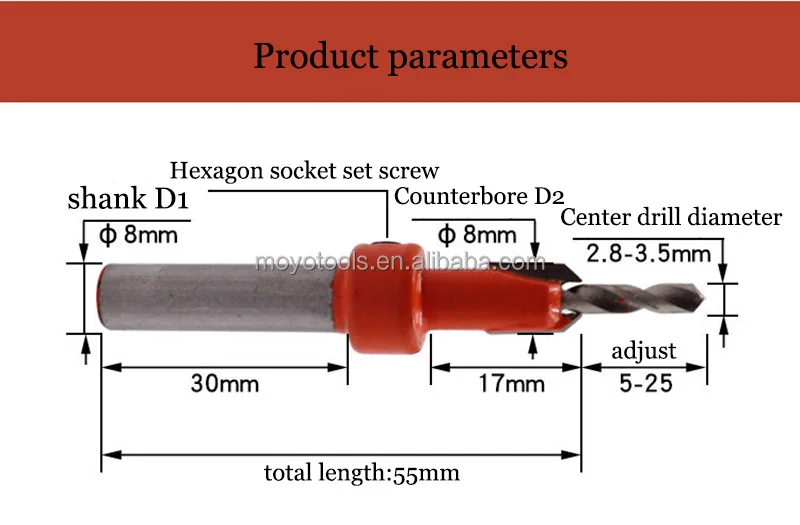 Countersink Drill Bit Set HSS Countersink Screw Countersunk Step Hole Screw 8MM Shank Diameter 8-10mm Woodworking Router Bit
