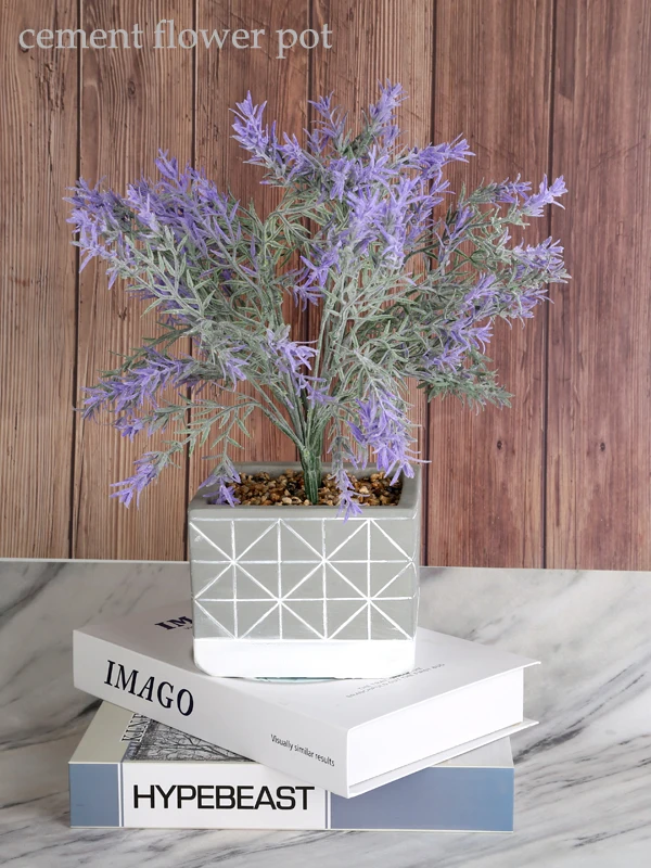 
Wholesale square grey artificial flowers in concrete cement shallow planter pot for indoor plants 