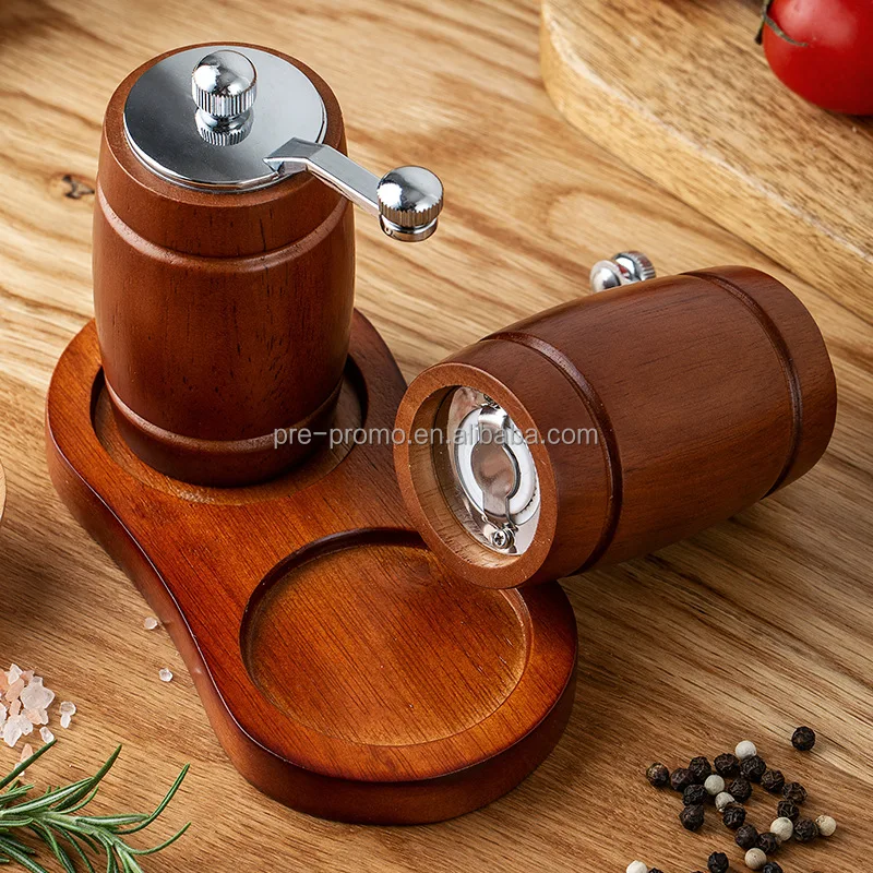 Wholesale Stocked Kitchenware 2pcs Zinc Alloy & Wooden Barrel Hand-Operated Pepper Mill