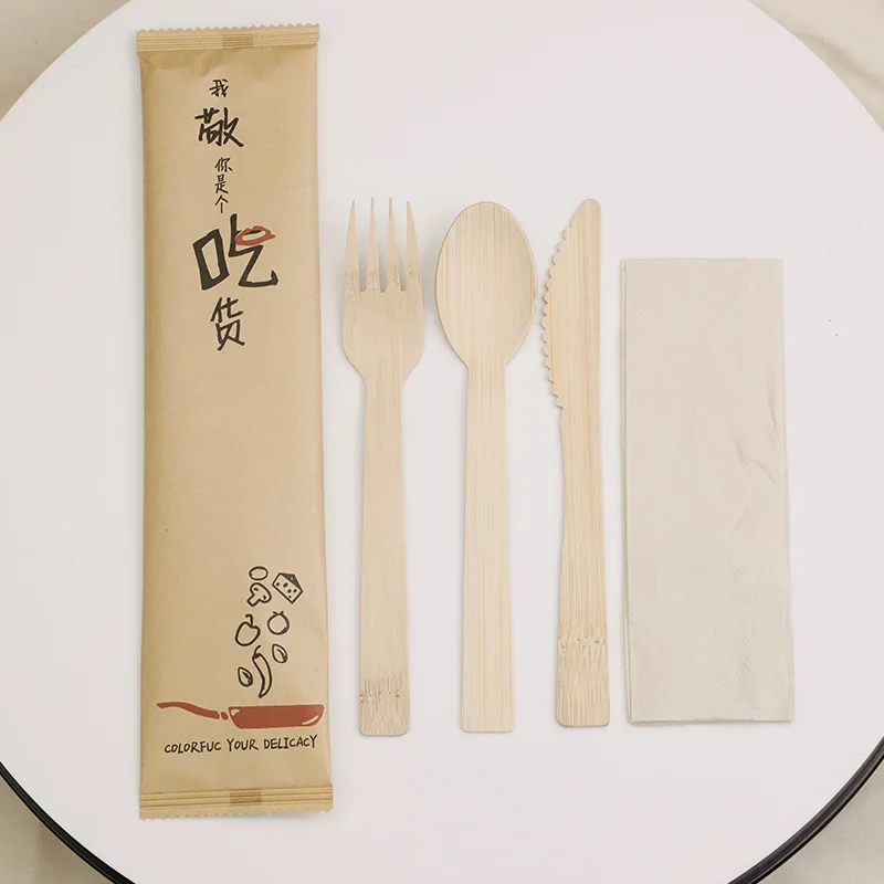 Eco-friendly disposable bamboo knife, fork and spoon cutlery wholesale steak knife, fork and chopsticks takeaway cutlery pack
