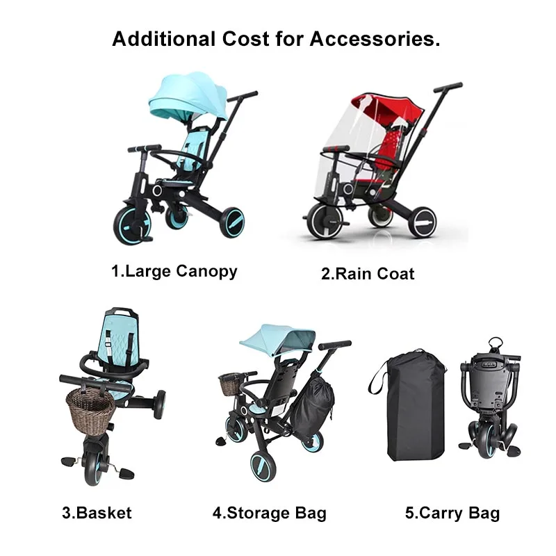 Foldable 7 in 1 Child Toddler Tricycle 3 Wheel Kids Trike Bike Kids Baby Tricycle Trike for Kids Children 1-6 Year Old