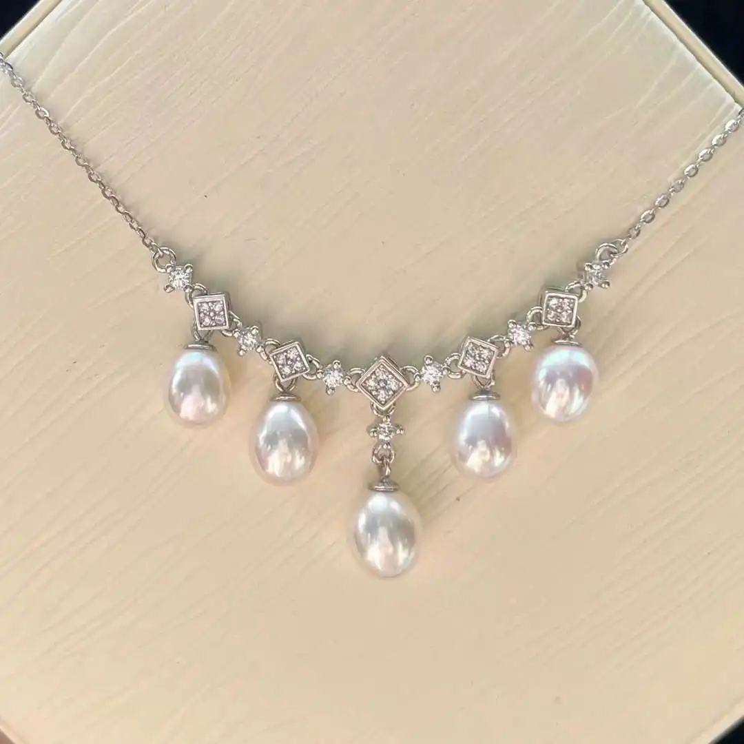 Explosion style struck lace multi-bead necklace peas chain 7-8mm  high quality freshwater rice pearl necklace ladies necklace