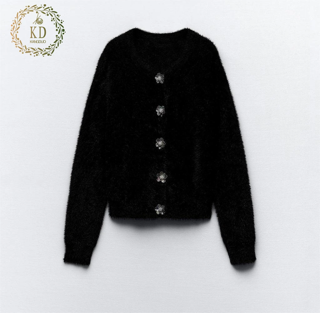 KD Knit Manufacture Custom OEM ODM Long Sleeve Floral Rhinestone Crystal Button Knitwear Faux Fur Women Cardigan Sweater