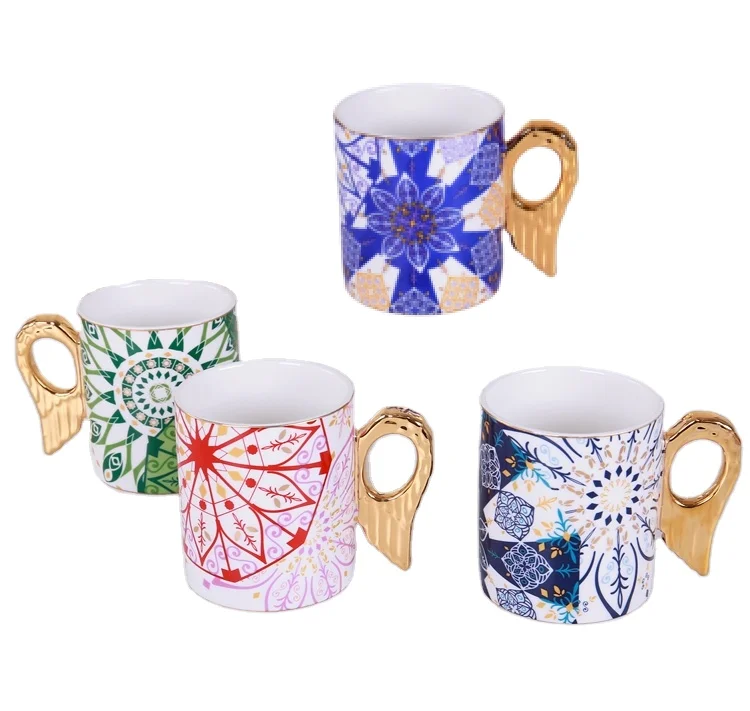 Angel Wing Gold Handle Porcelain Coffee Mugs Ceramic Mug Cups Gold Rim Coffee Cups