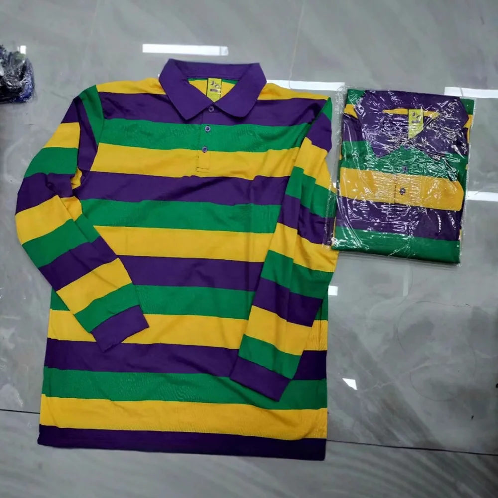 2024 Long Sleeve Mardi Gras Items,Turndown Collar Mardi Gras Shirts Polo,American Carnival Horizontal Stripe Mardi Gras Apparel