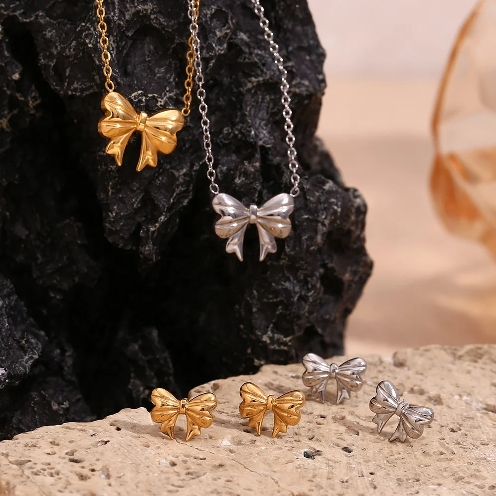 Chic Engraved Bow Earrings 18k Gold Plated Jewelry Set Stainless Steel Jewelry