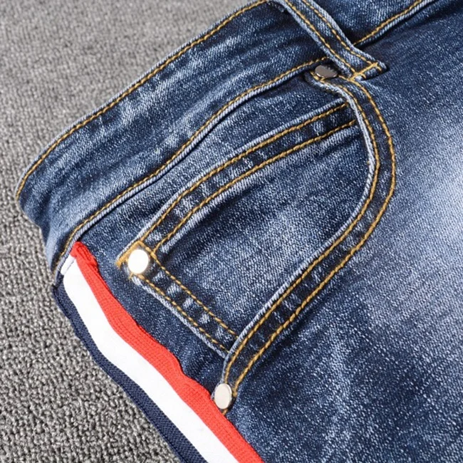 Fashion side stripe mens denim jeans dropshipping stock funky blue jeans for man
