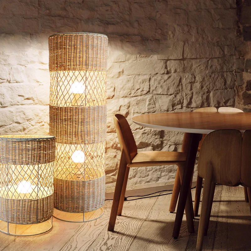 wholesale factory Customized Nordic Vintage Hand woven Natural Rattan floor lamp home interior Indoor Decoration