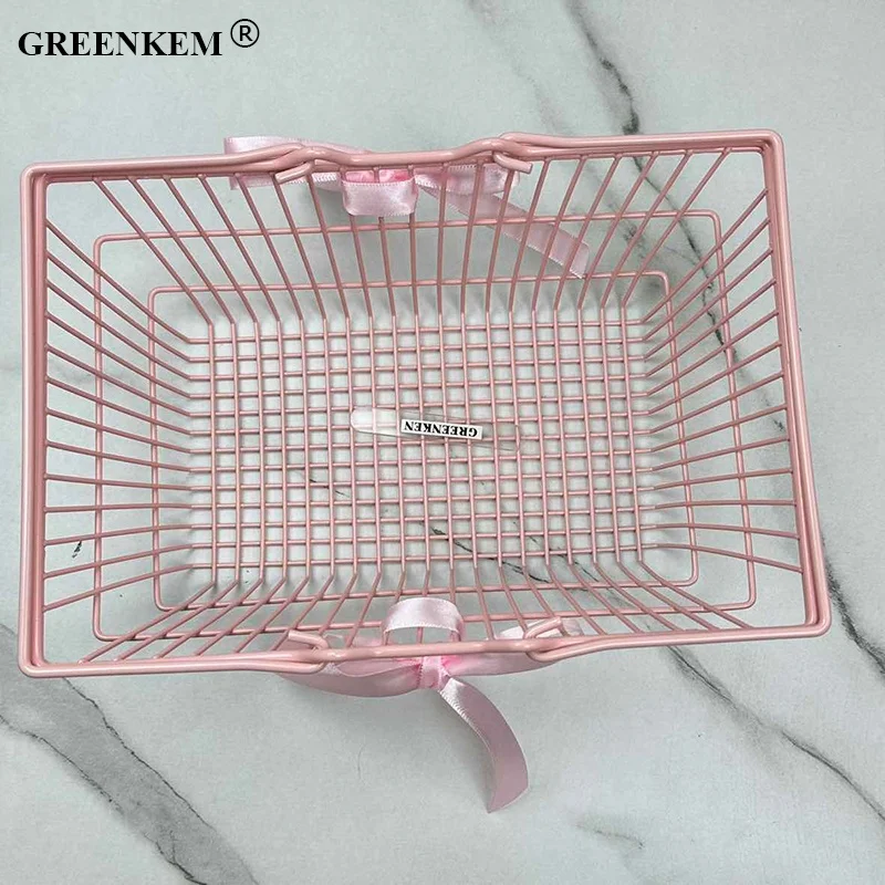 New 3 Styles Sizes Kawaii Pink Iron Art Mini Shopping Basket Cute Creative Photo Props Ornaments Home Decorative Storage Basket
