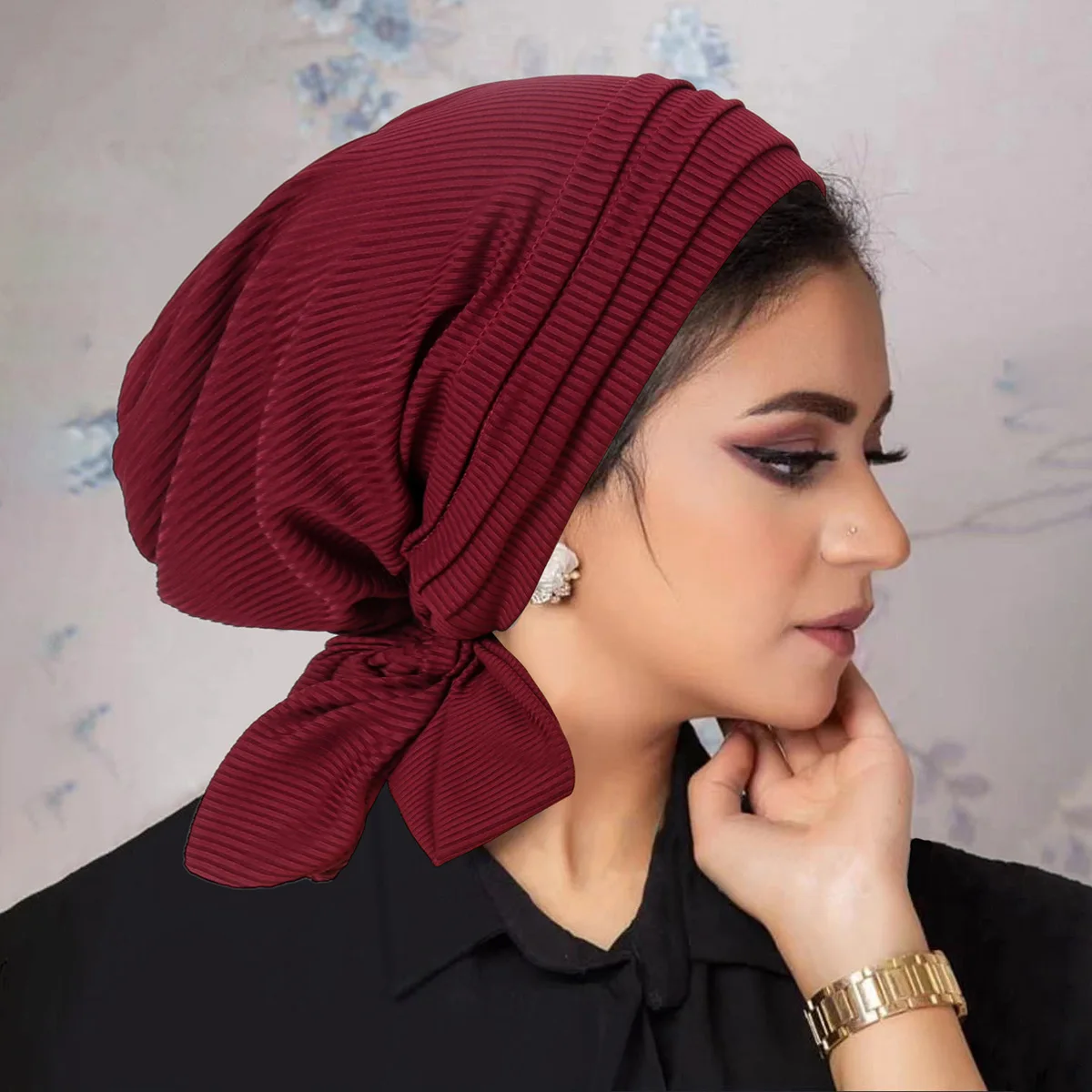 HZM-24026 Ethnic Style Muslim Solid Color Stretchy Turban Hats Head Cover Chemo Head Wraps Hat For Women Girls