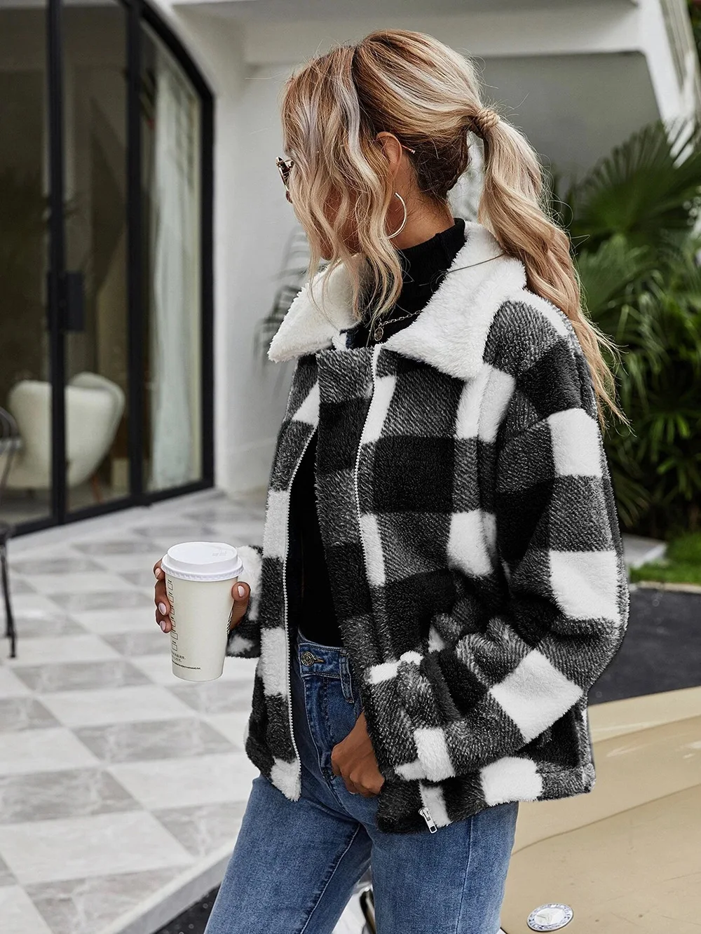 2022 Custom Autumn Women Casual Lapel Button Down Plaid Fleece Coat Tartan Shacket Women Fleece Jackets