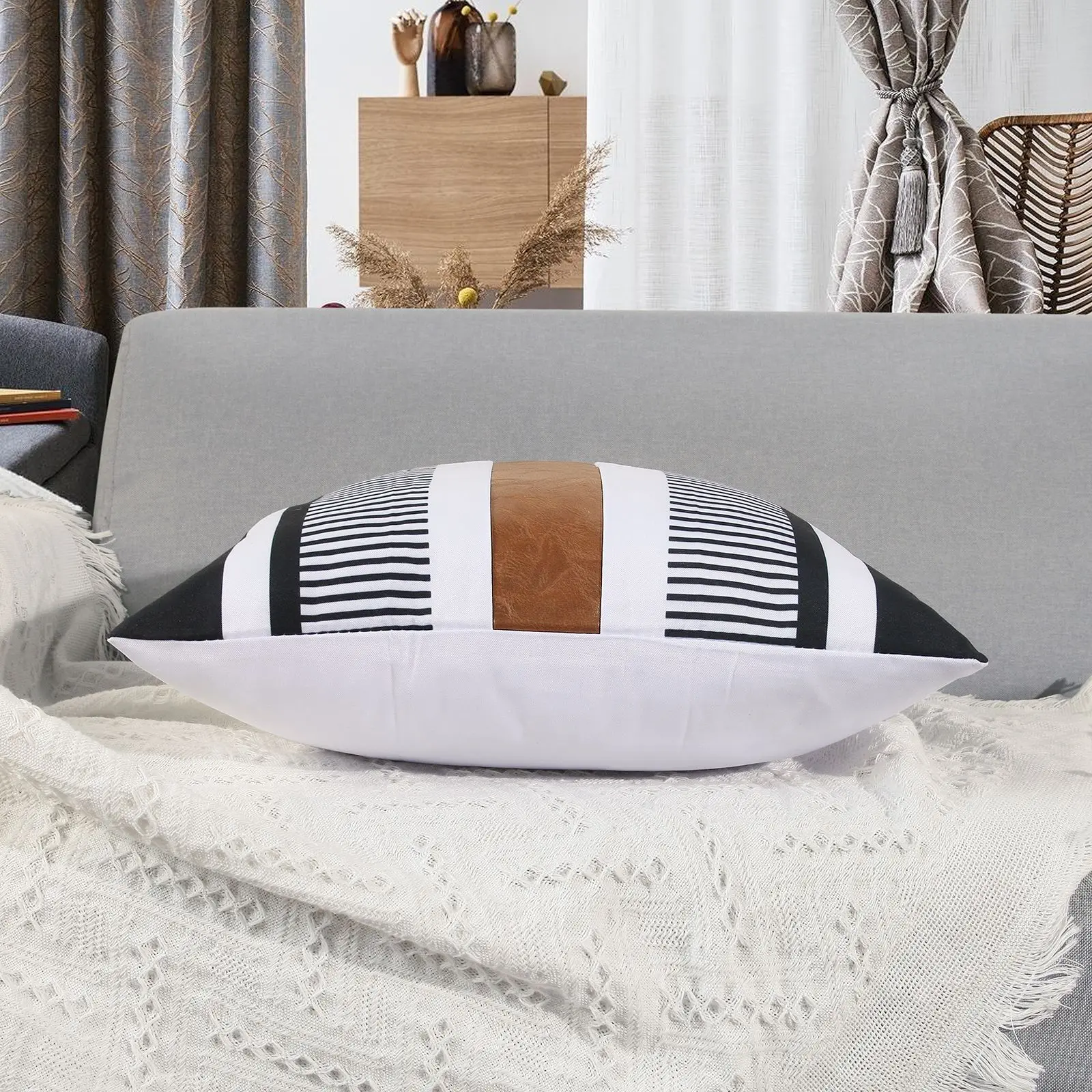 Decorative Boho Faux Leather 18 x 18 Inches Black White Decorative B&B Accent Pillows Cushion Pillow Cover Pillowcases