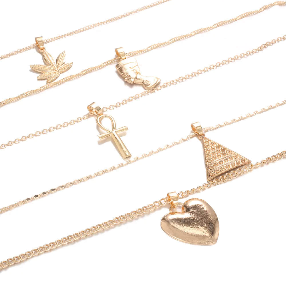 Hot Sale Multi-Layer Stainless Steel Clavicle Chain Necklace Maple Leaf Pyramid Love Pendant with Exaggerated Stacking for Women