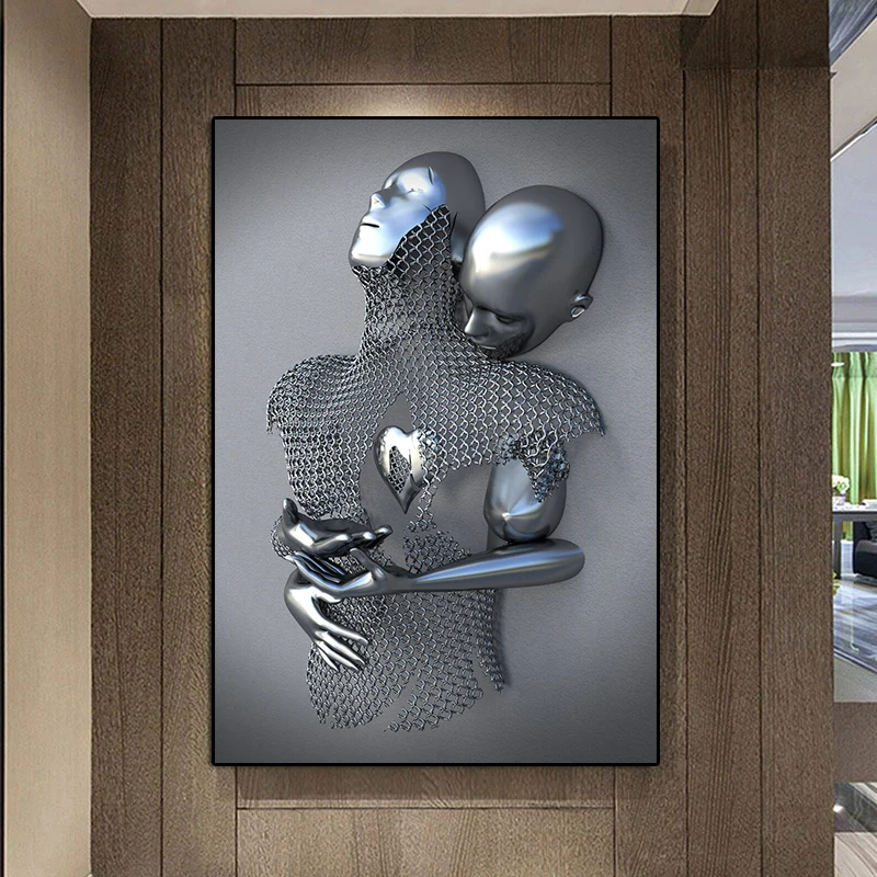 Metal Figure Statue Art Canvas Painting Posters and Prints Modern Lovers Sculpture Wall Pictures for Living Room Home Decoration