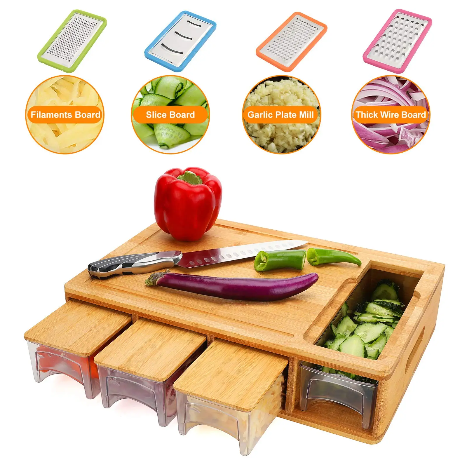 Пользовательский логотип кухонная разделочная доска с контейнерами большая бамбуковая