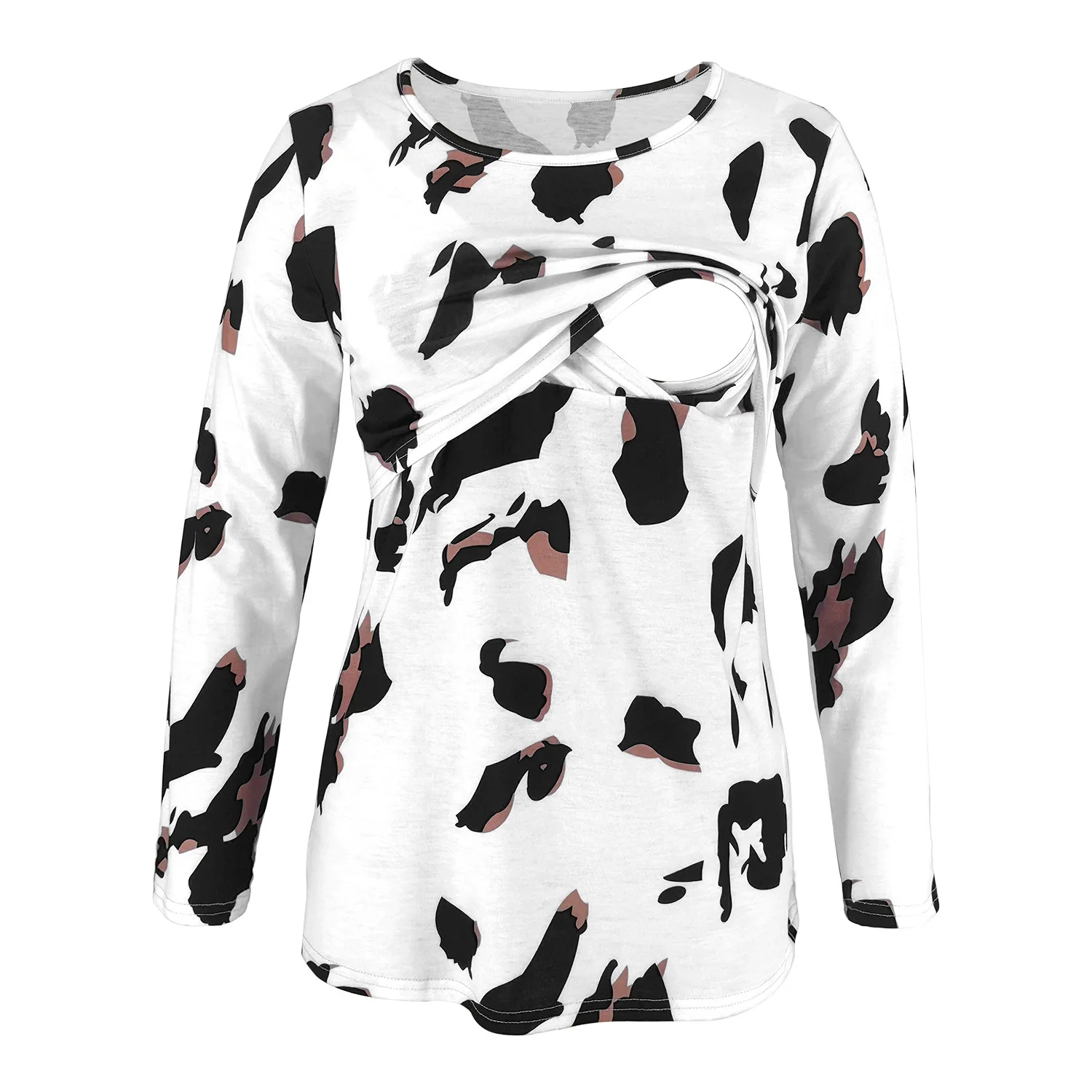 Womens round neck long Sleeve floral leopard print Layered Maternity clothes Breastfeeding tee shirt Nursing Tunic Tops