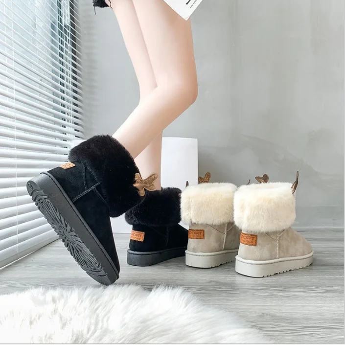 Snow boots 2021 winter new Korean version of non-slip cotton shoes elk horn plus velvet short boots