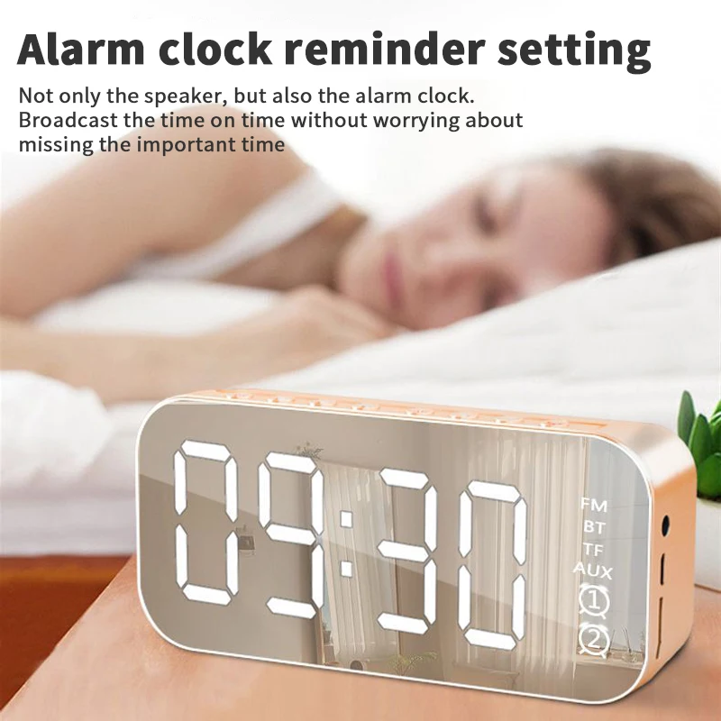 Hot Selling Mini BT Speaker Alarm Clock Mirror Radio Wth LED Digital Display Sleep Timer Portable Wireless Subwoofer