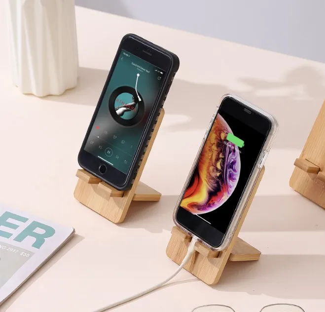 Foldable phone display stand rack flexible universal bamboo mobile cell phone charging holder stand wood for recording
