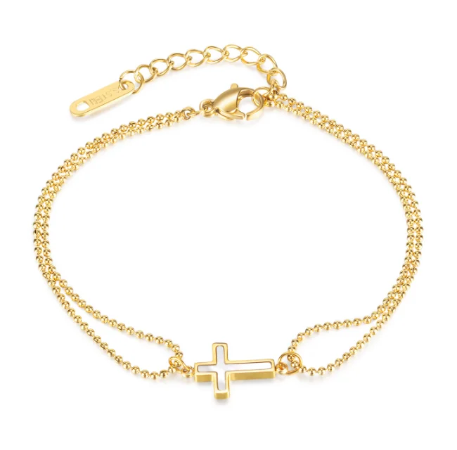 2023 stainless steel tarnish free jewelry  18k gold plated Double bead chain cross bracelet