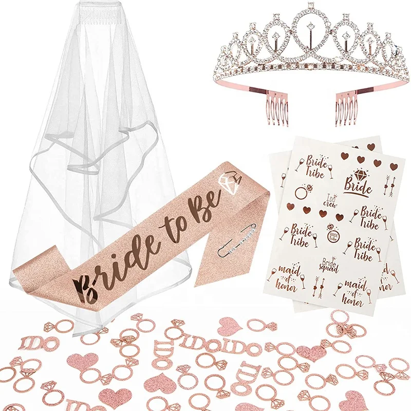 Hen Party Veil And Sash Set Bachelorette  Party Rose Gold Veil Bride To Be Tiara Confetti Bridal Shower Party Accessories