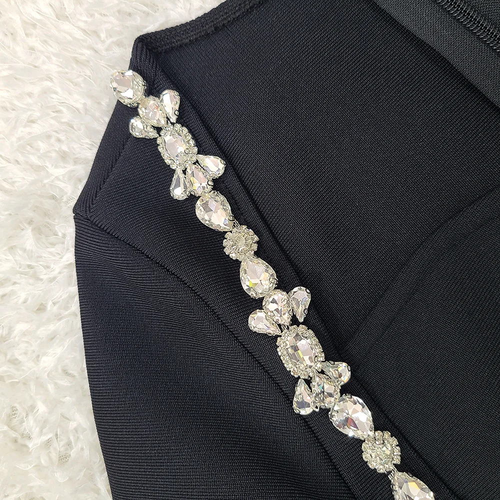 New Designer Long Sleeve Women Evening Dresses Sexy Black Hand Diamond Beading Celebrity party Wear Party Dress