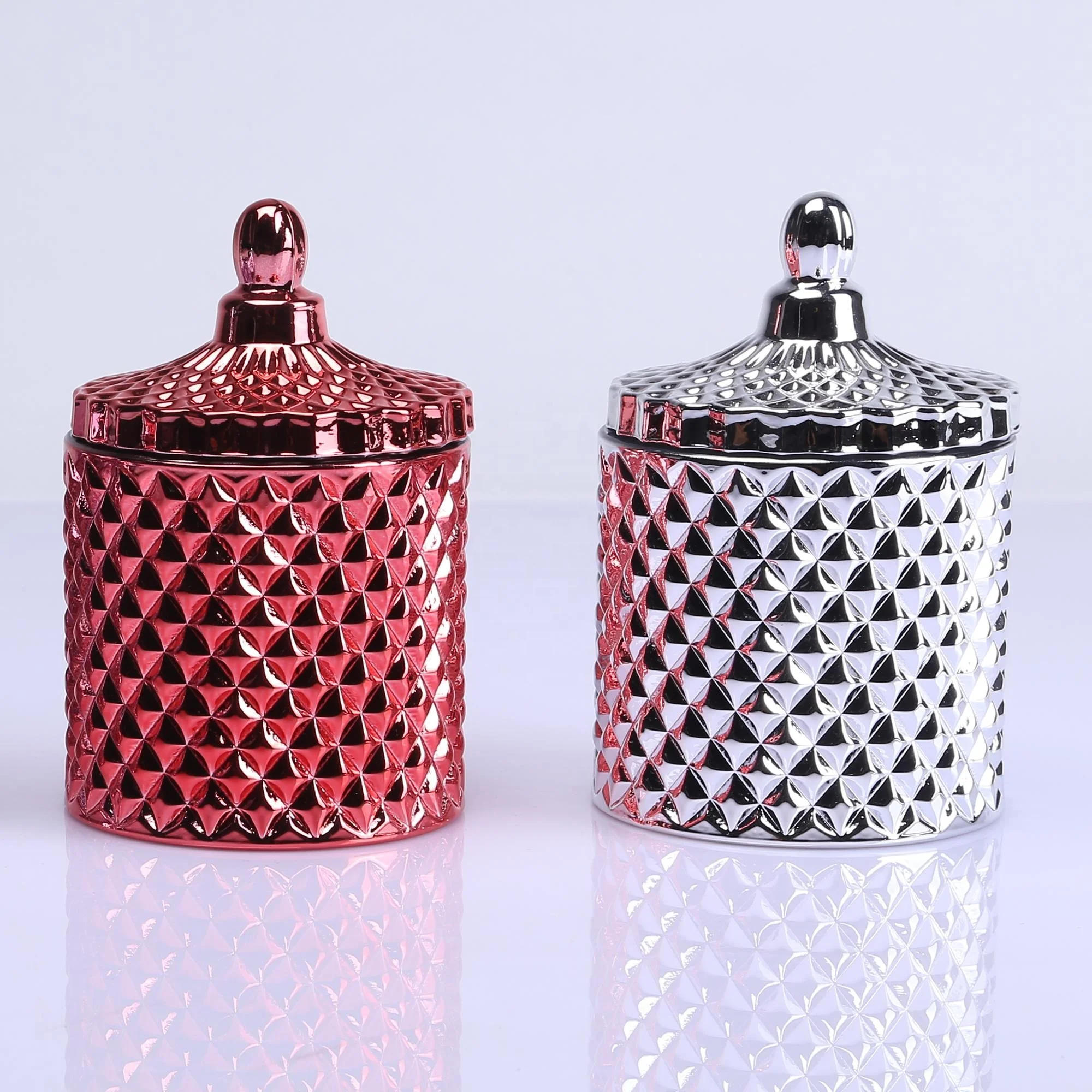 Luxury empty geo cut scented glass candle jar with glass lid for candle making