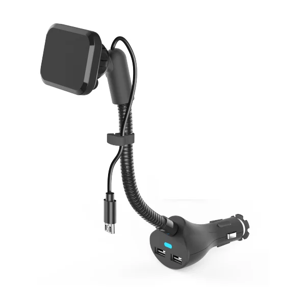 soporte celular 3.1 A dual USB ports built-in QC3.0 micro usb /type-c cable phone charger with flexible gooseneck car bracket