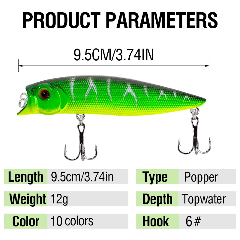 ZHUO RUN Wholesale 9.5cm 12g 10 Colors Strong Hooks Floating Bait 3d Lure Eyes Popper Fishing Lures Minnow Bait Bionic Bait