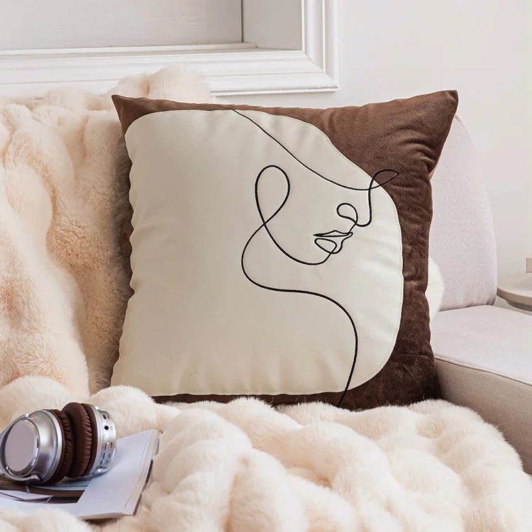 Autumn Winter Brown Patchwork Geometric Cushion Cover Luxury PU Velvet Embroidery Throw Pillowcase