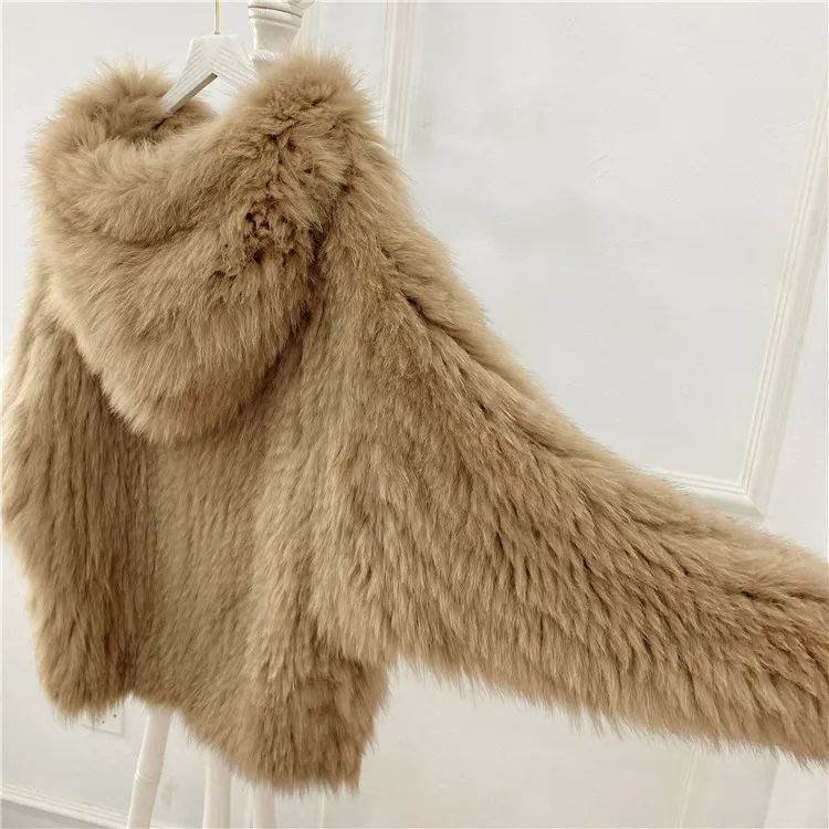 Double-sided weave women loose bat sleeve hooded faux jacket fox fur coats