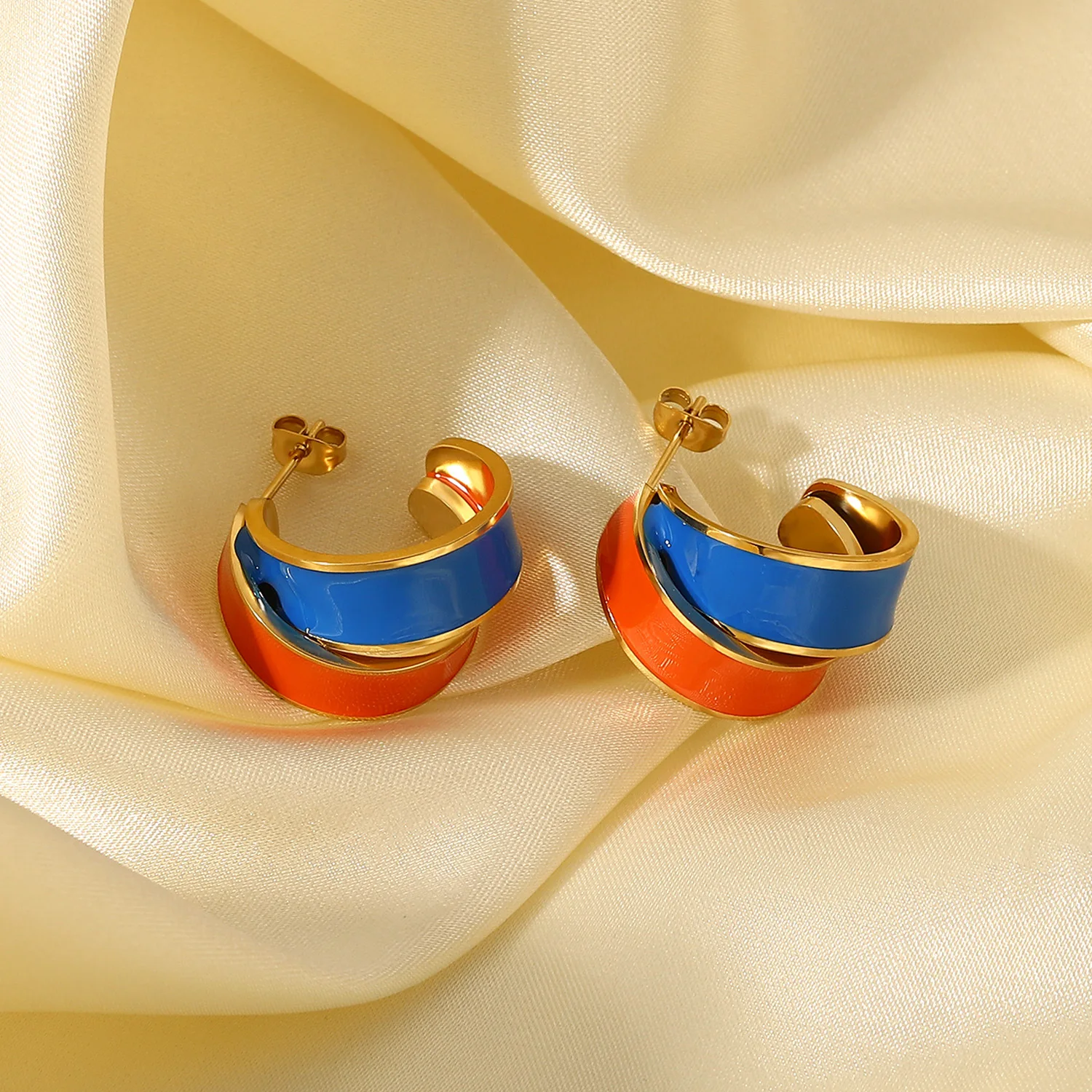 Wholesale Retro Style Orange Blue Colorful Dripping Oil Stainless Steel Gold Plated Hoop Earring Studs