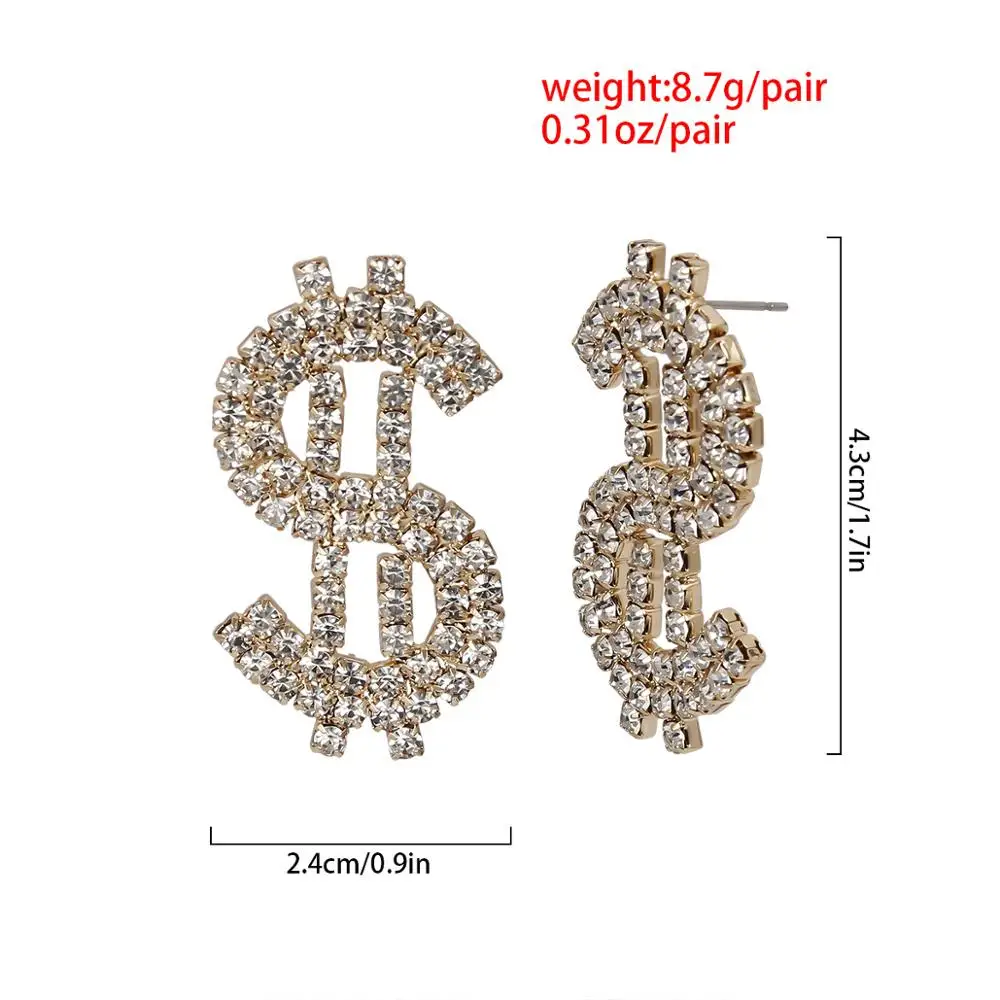 Punk Exaggerated Full Rhinestone Dollar Sign Hanging Dangle Earrings Long Shiny Crystal Dollar Earrings