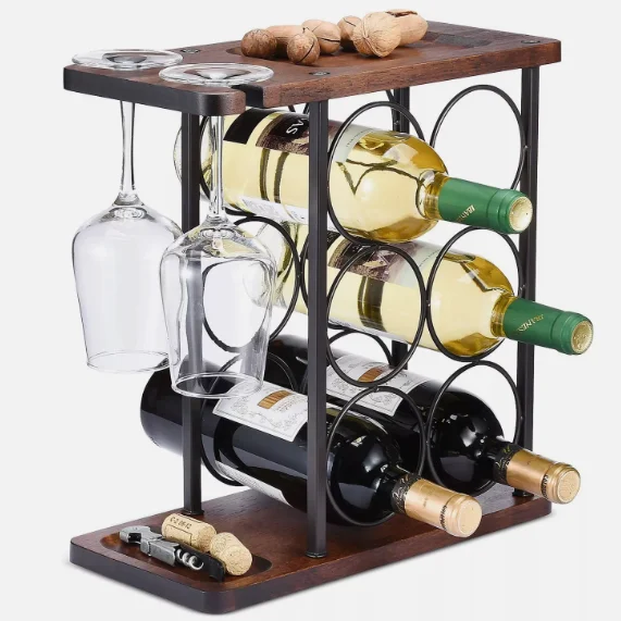 Multi Functional Customized Detachable Wine Display Rack High Footed Cup Storage Rack With Wooden Tray