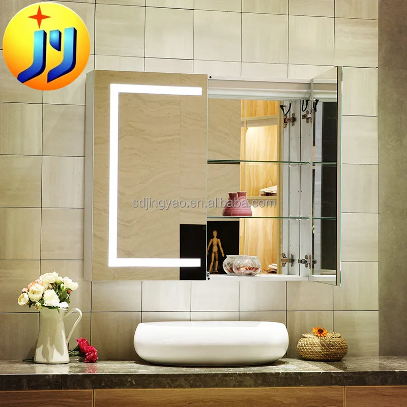 Оптовая продажа с фабрики JY, светодиодный шкаф для медицинских зеркал с подсветкой для ванной комнаты, деревянные шкафы в Китае