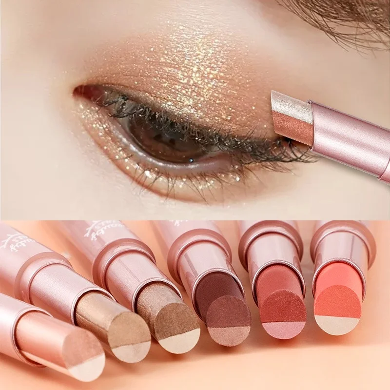 Double Color Gradient Dual-Color Eyeshadow Pen with Pearl Shimmer Powder, Earth Tones, Non-Fading Lazy Makeup Eyeshadow Stick