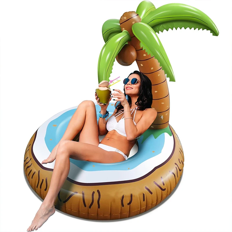 heavy duty PVC inflatable coconut tree pool lounger float vinyl swimming tube island with palm water toys for kids adults