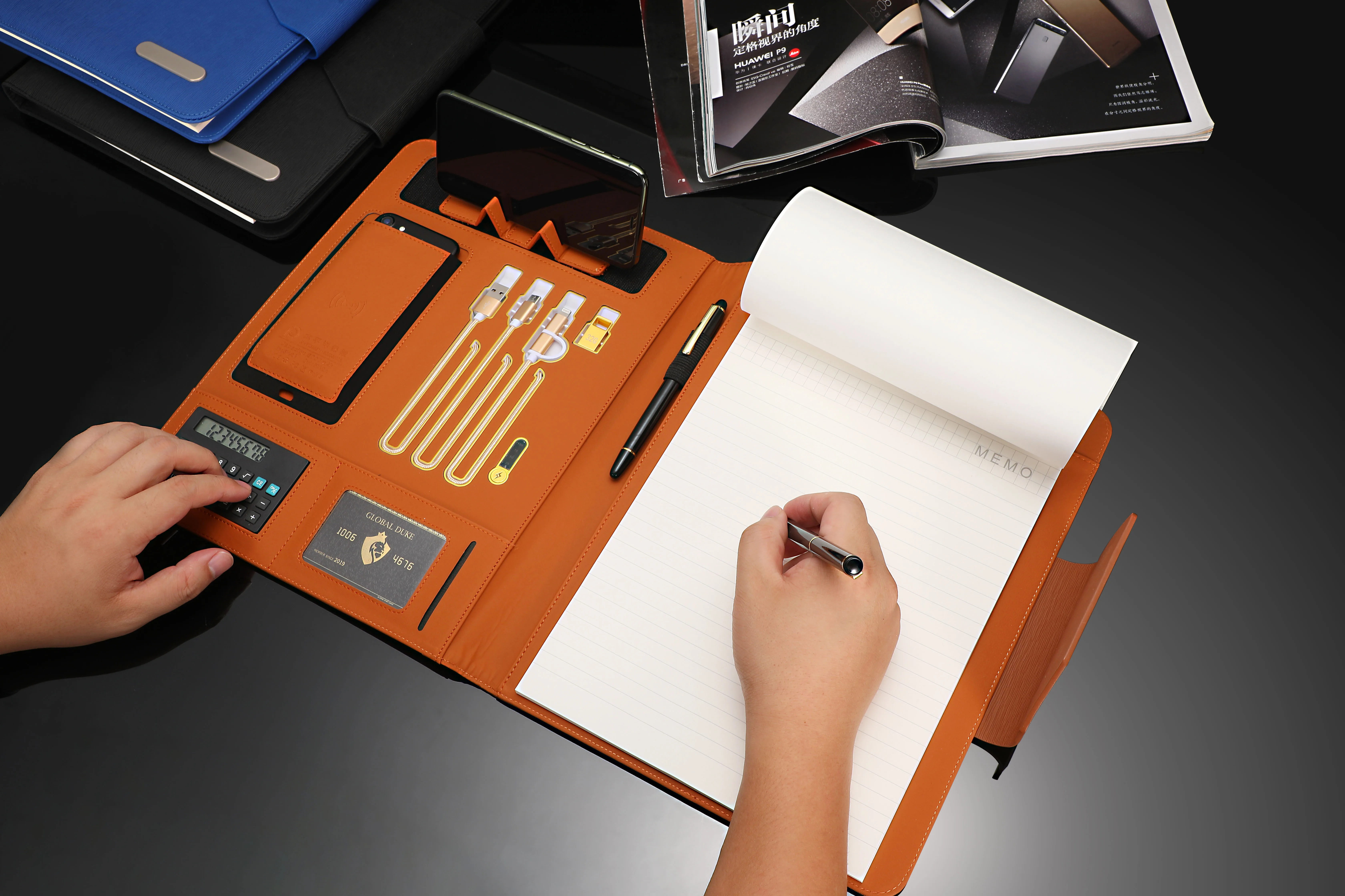 A4 Custom Conference Organiser Manufacture Pu Leather Portfolio File Folder With Power Bank