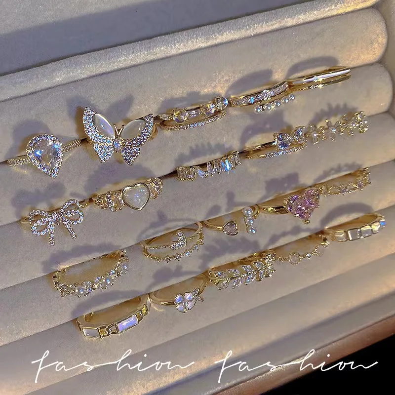 Korean Adjustable Small Cute Pearl Rings Jewelry Ladies Hollow Out Open Bowknot Gold Finger Ring