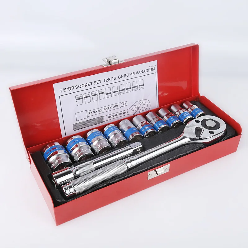 Top Sale Socket 12pcs Tools Full Automotive Set Box Auto Repairing  Hand Tool Kit With Ratchet Handle